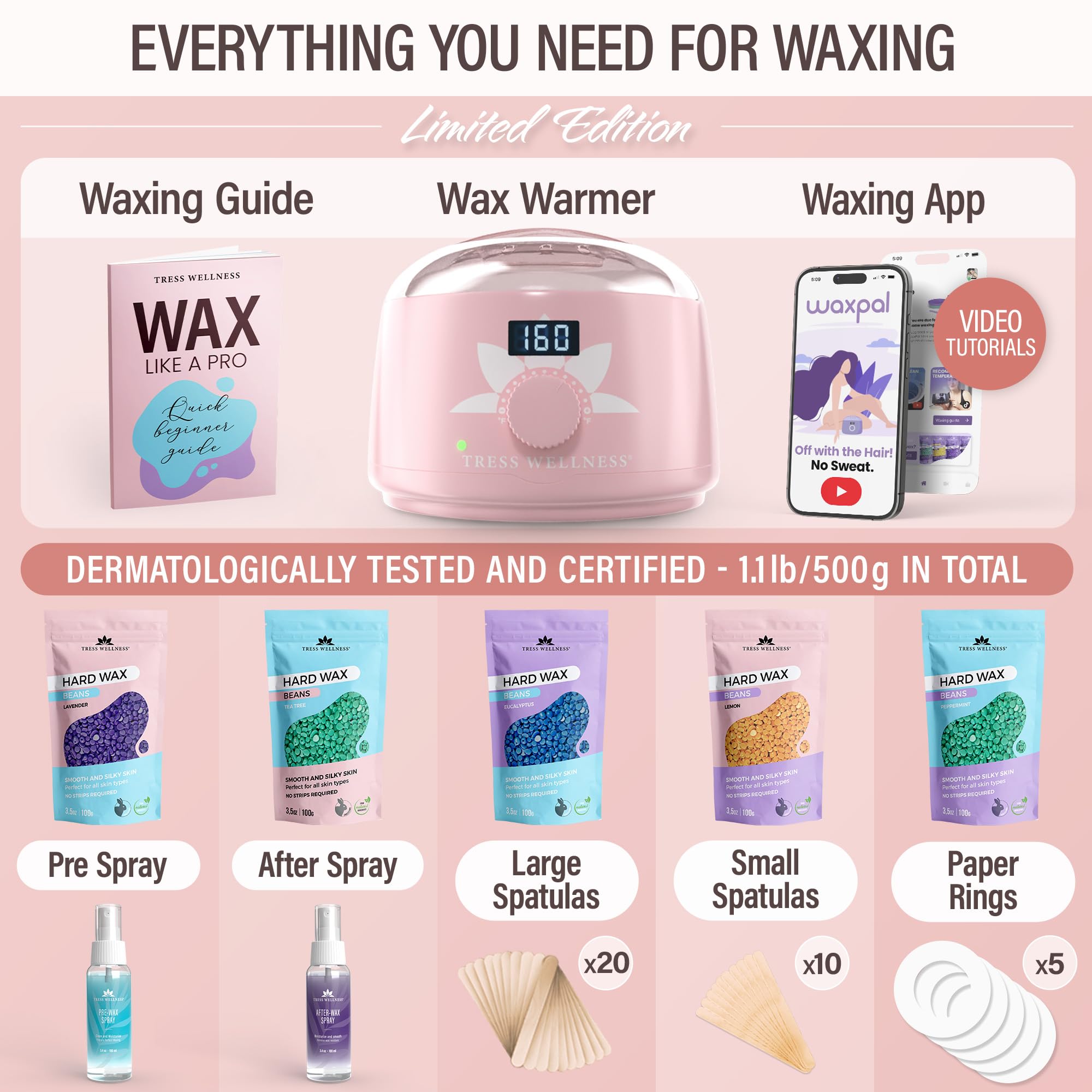 Tress Wellness waxing kit hard wax beads highlight five scented bags for smooth removal.