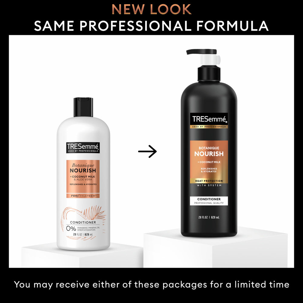 TRESemmé Botanique Nourish conditioner coconut milk illustration signaling hydration benefits.