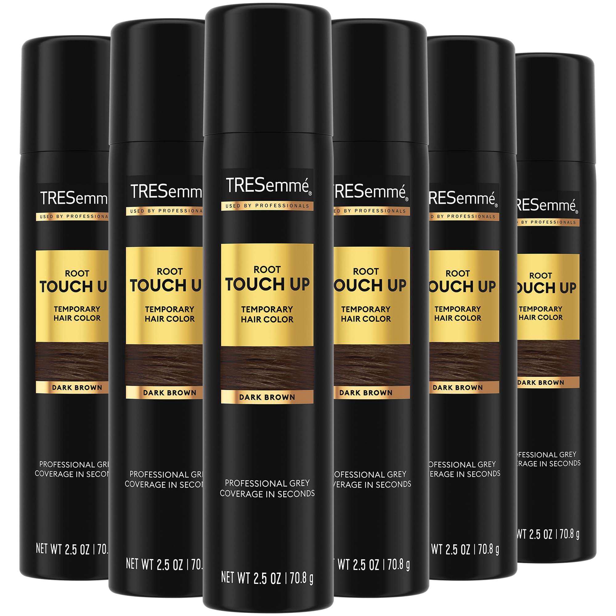 TRESemmé Root Touch Up spray bottle mist over dark brown roots for quick color refresh.