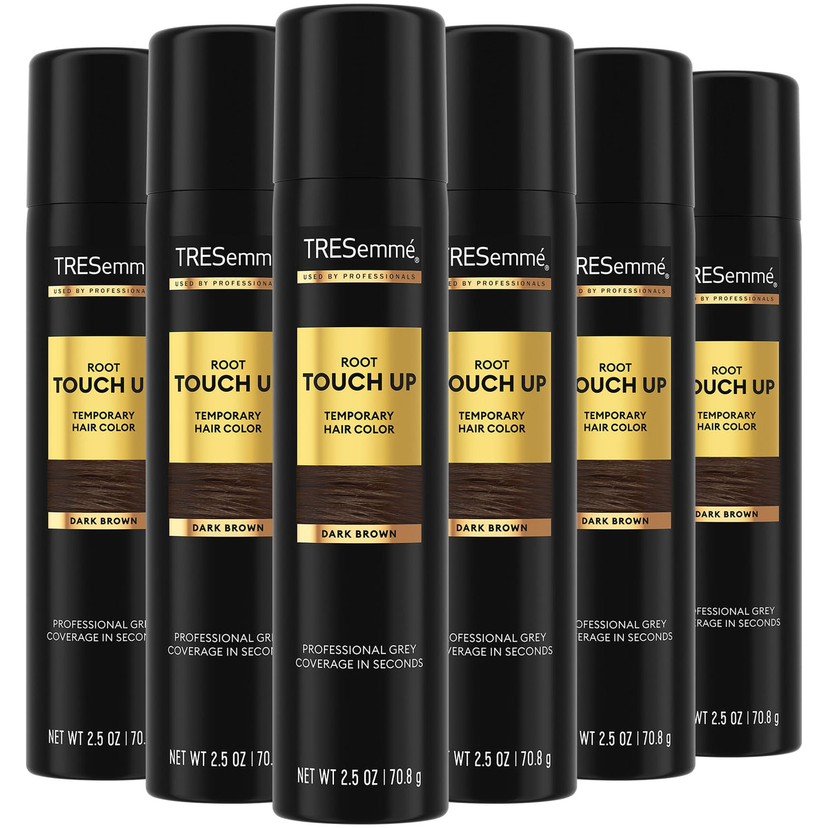 TRESemmé Root Touch Up spray bottle mist over dark brown roots for quick color refresh.