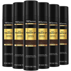 TRESemmé Root Touch Up spray bottle mist over dark brown roots for quick color refresh.