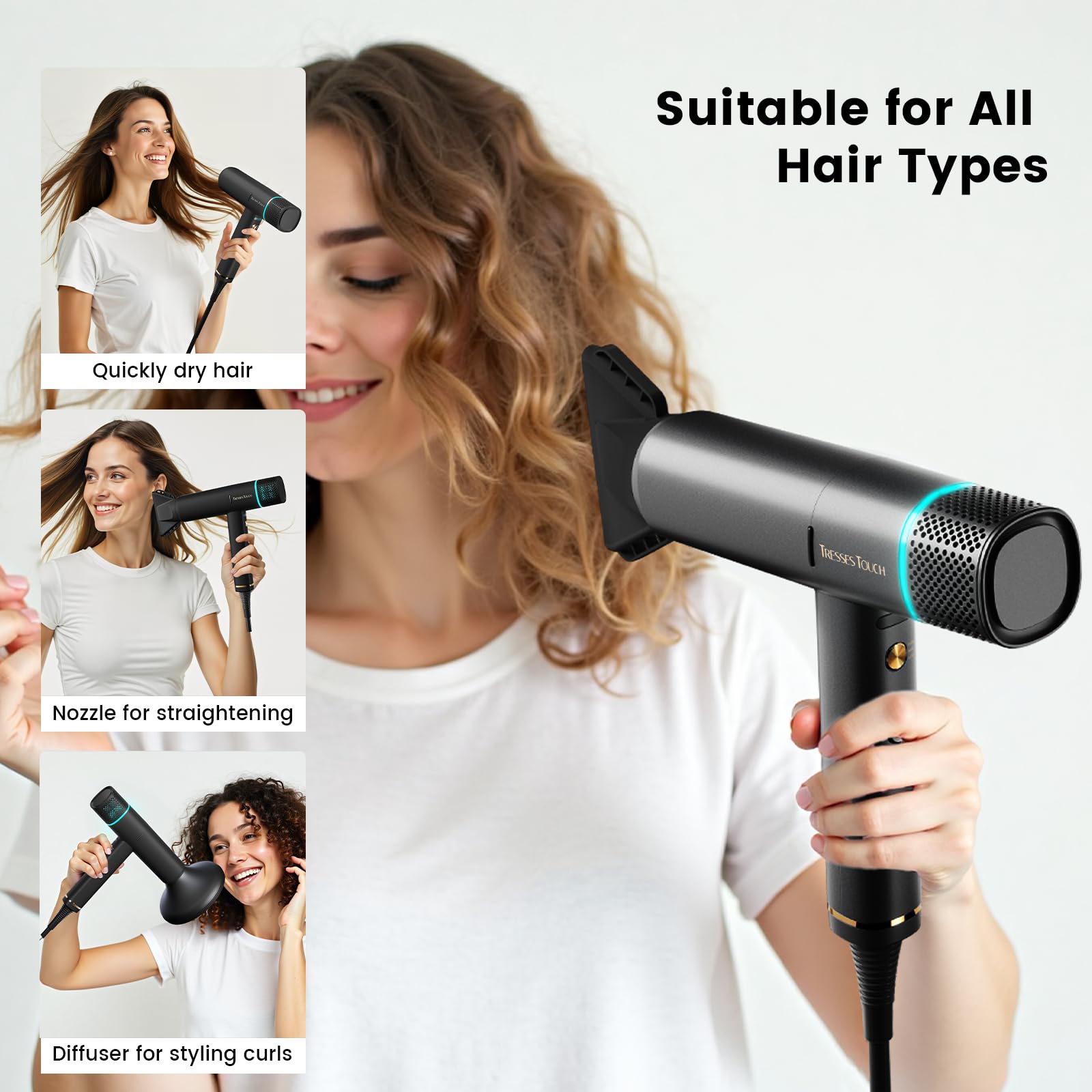 Tresses Touch hair dryer quiet operation emphasizes low noise during routine styling.