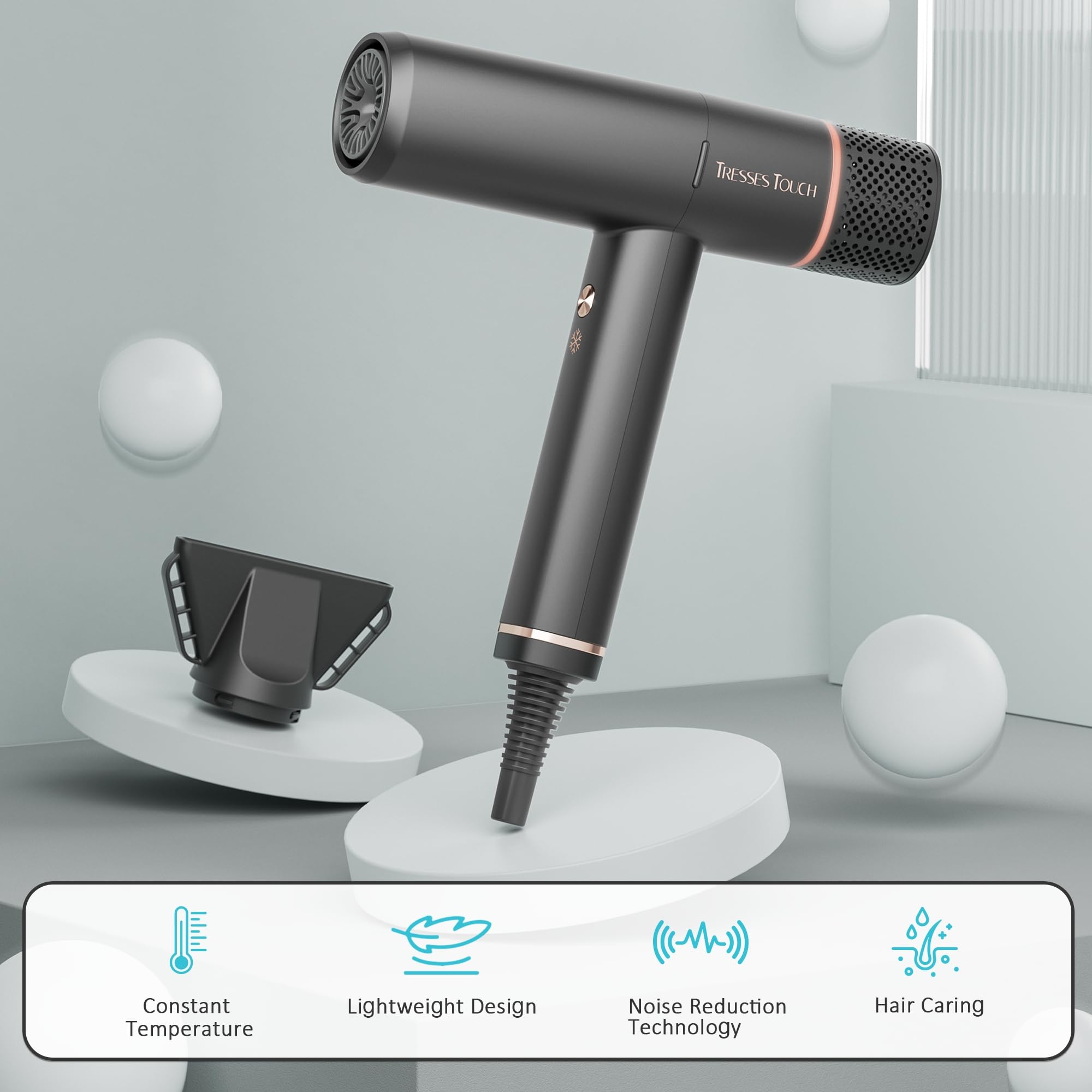 Tresses Touch travel-compact dryer pictured with storage-friendly design for easy packing.