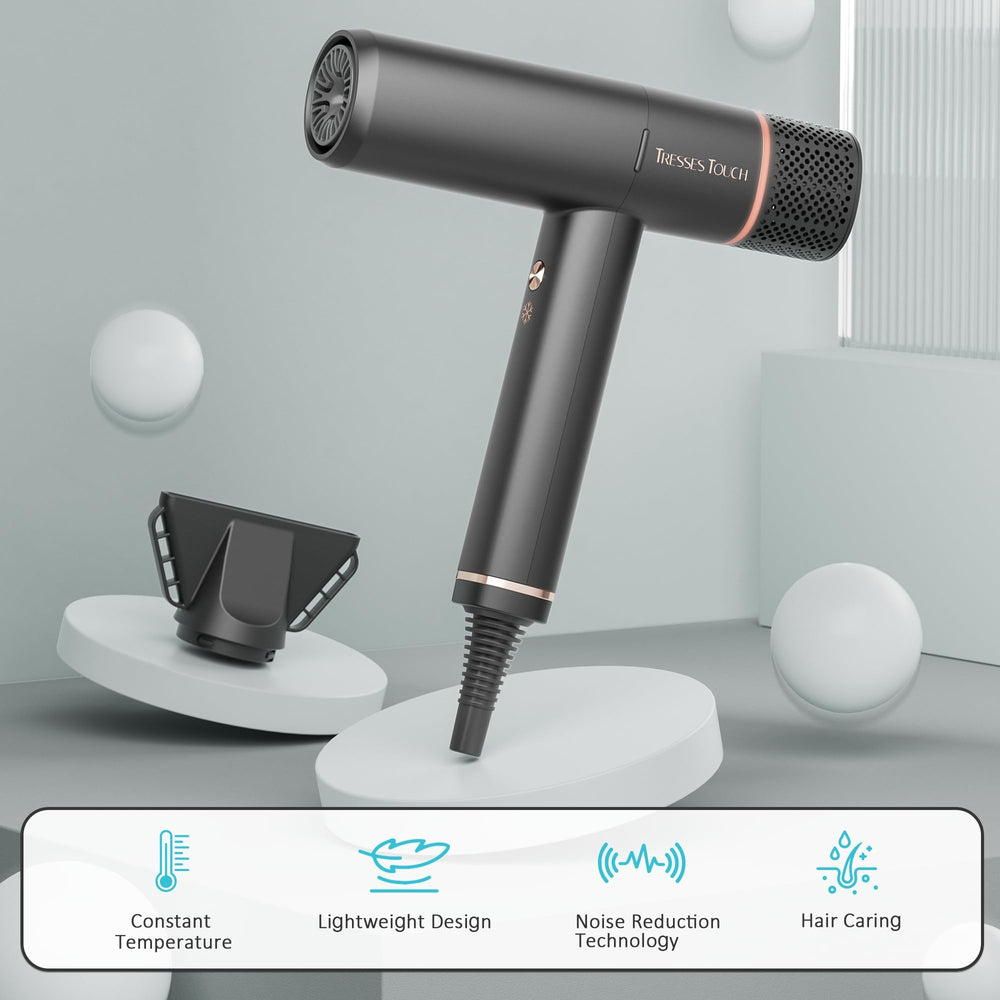 Tresses Touch travel-compact dryer pictured with storage-friendly design for easy packing.