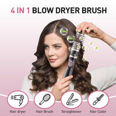 Tresses Touch rotating brush demonstrates 360-degree rotation for even airflow.