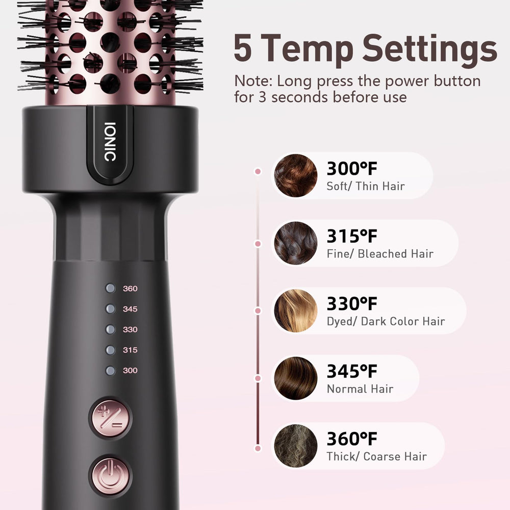 Tresses Touch Thermal Brush display highlights five temperature options for different hair types.