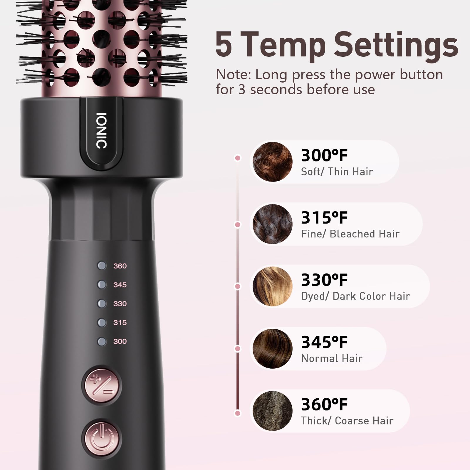 Tresses Touch Thermal Brush display highlights five temperature options for different hair types.