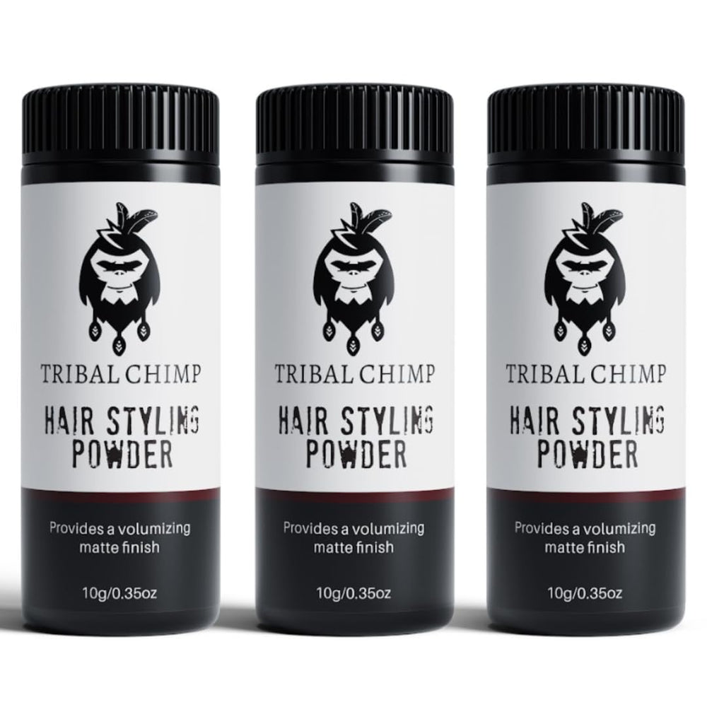 Tribal Chimp Hair Styling Powder bottle close-up shows matte finish and natural hold.