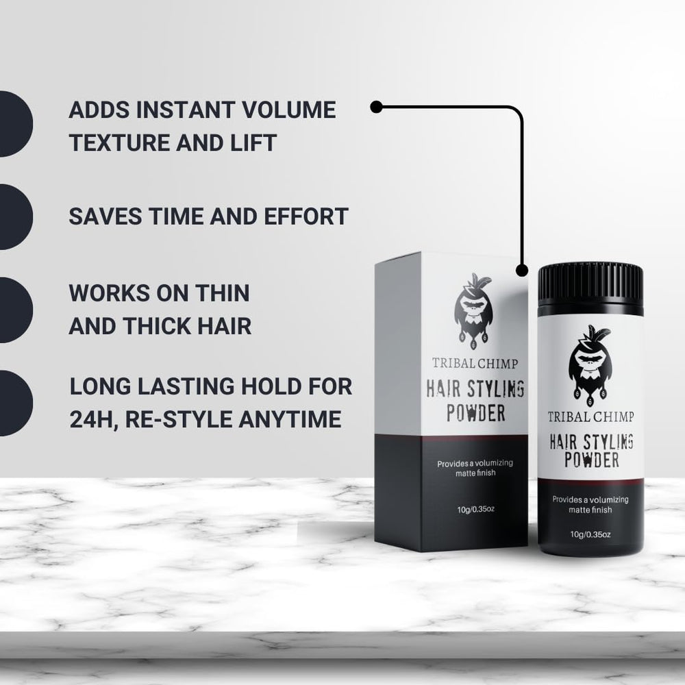 Tribal Chimp Hair Styling Powder on hair shows matte finish for natural look.