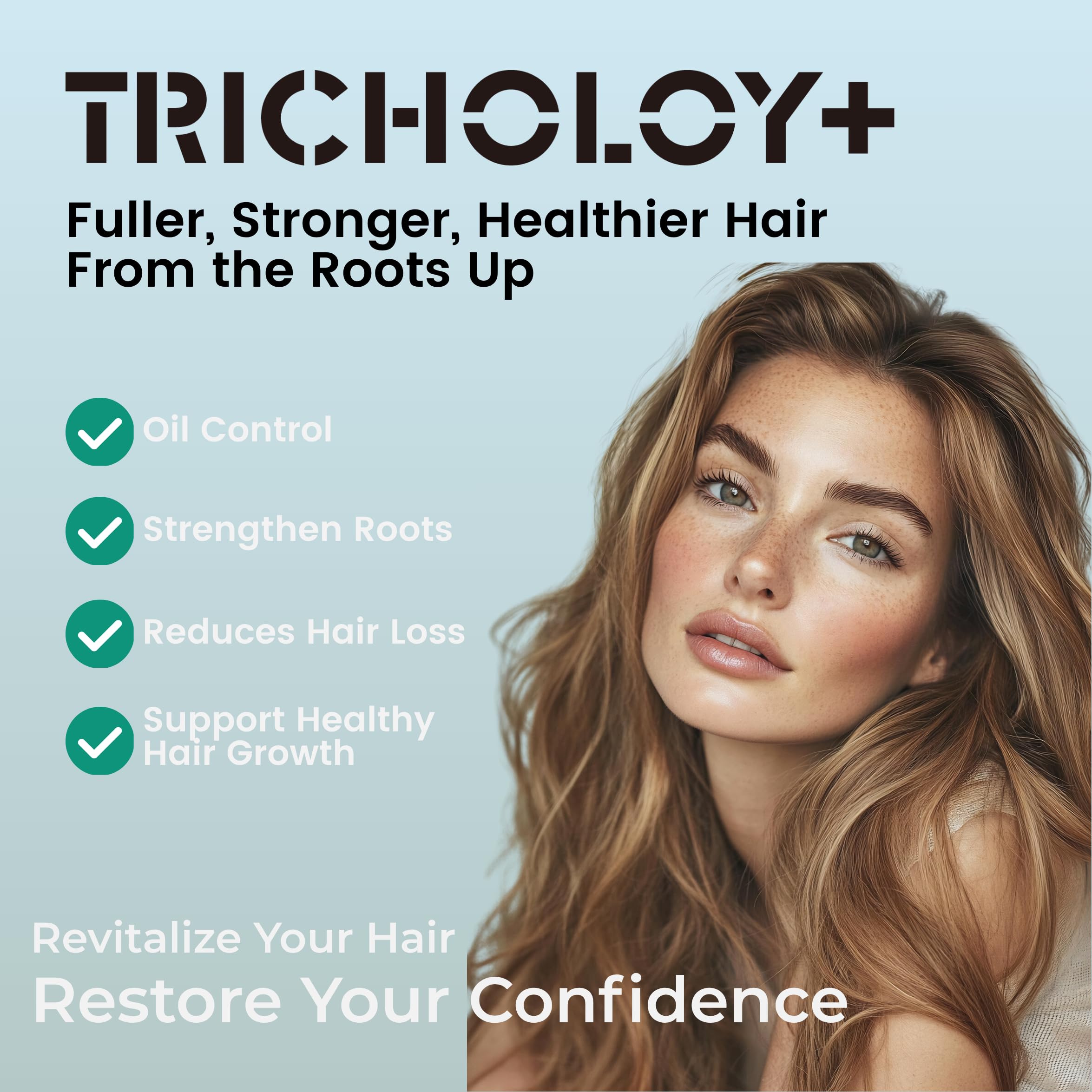 Tricholoy+ root lift formula bottle image highlights fuller-looking roots.