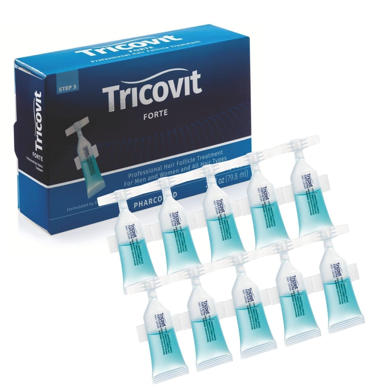 Tricovit Forte bottle front view for convenient at-home scalp care.