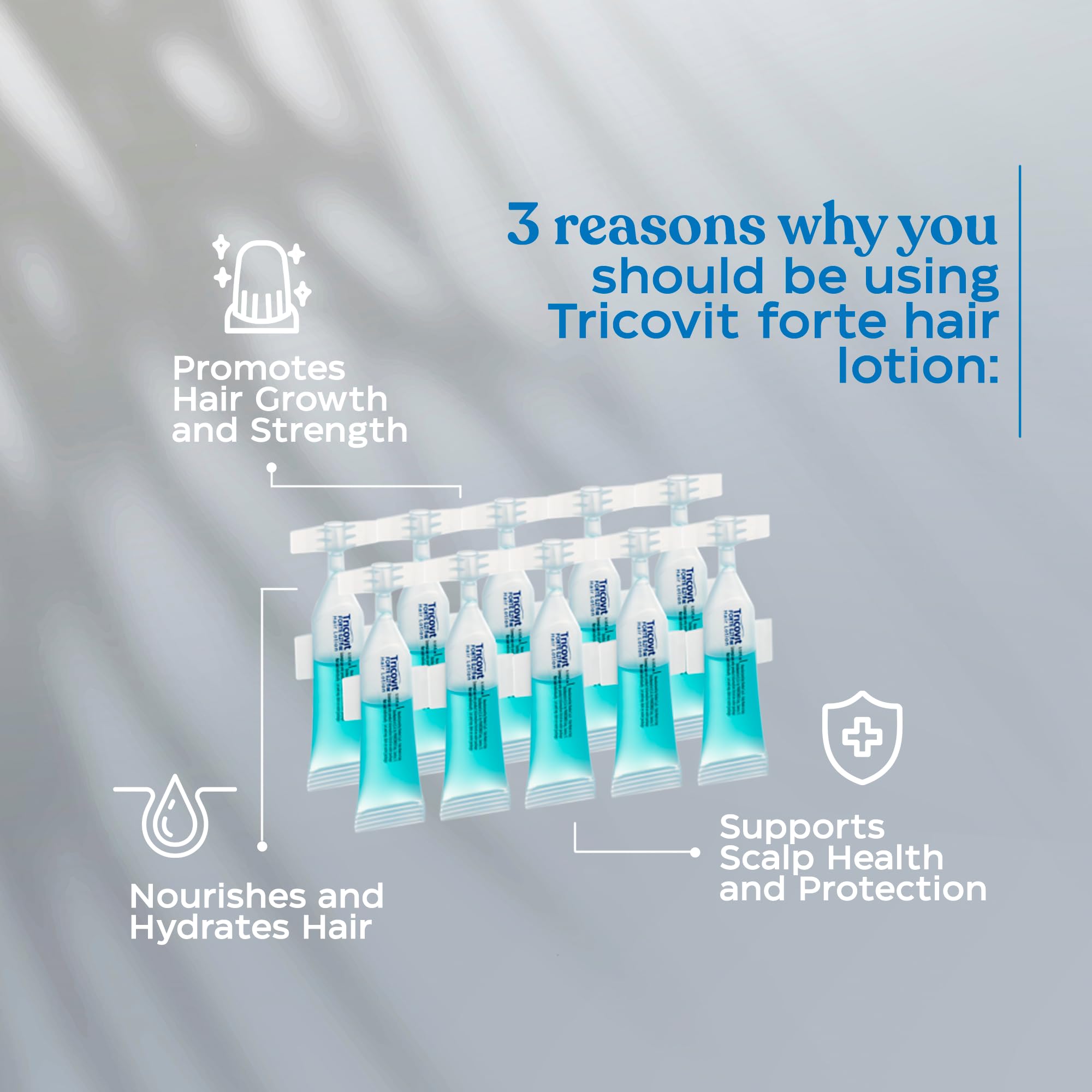 Tricovit Forte packaging box and label showcasing dermatologist-developed formula.