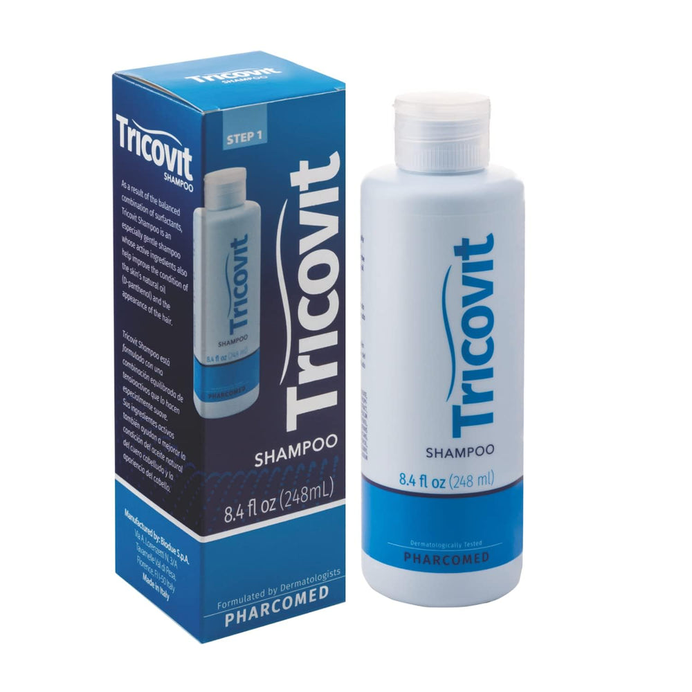 Tricovit Hair Growth Shampoo bottle on sink supports daily scalp care and hydration.
