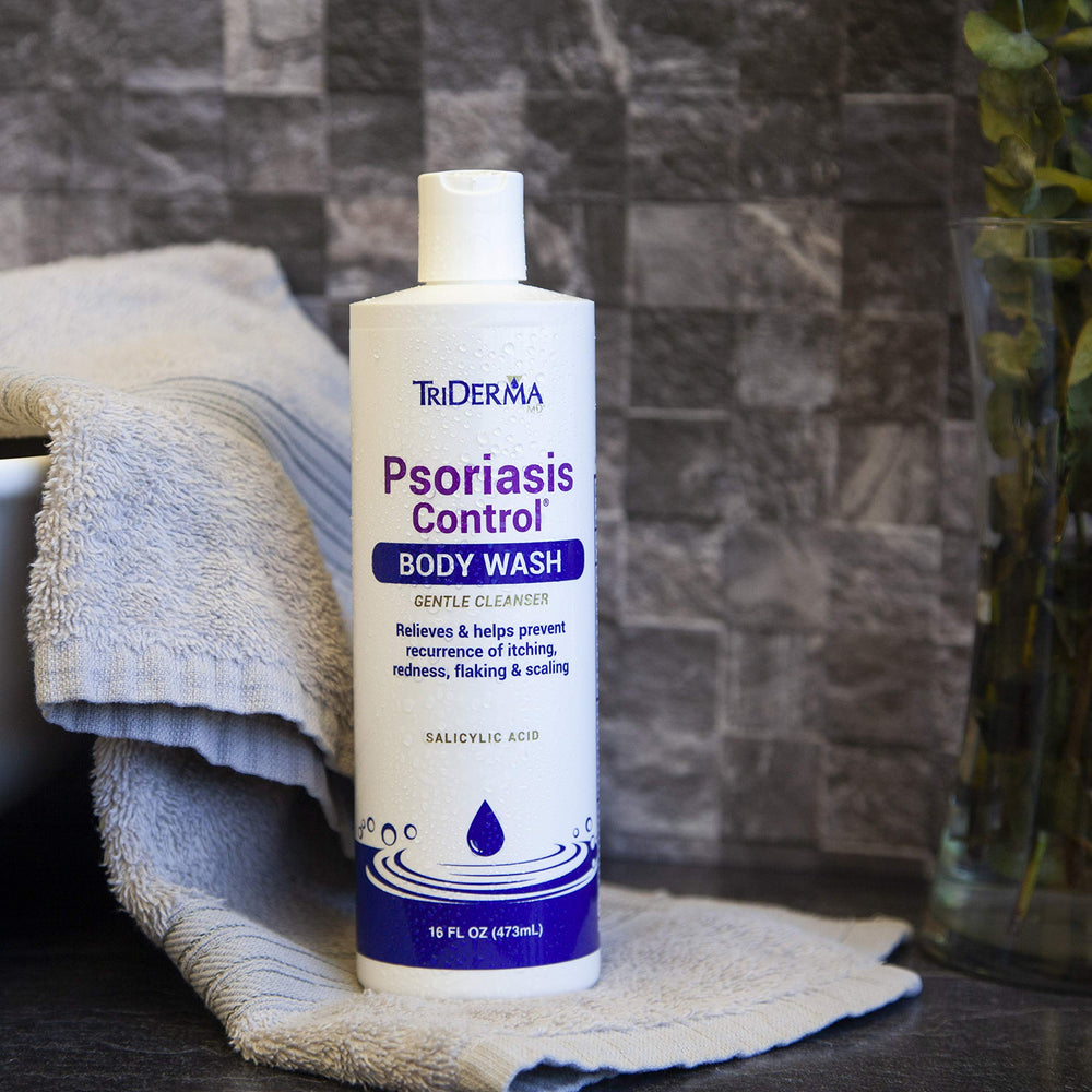 TriDerma daily-care-bundle-shower demonstrates a complete psoriasis skincare routine.