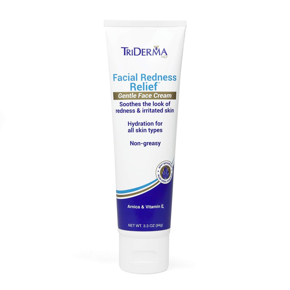 TriDerma facial redness relief cream jar front showcases soothing, fragrance-free care.