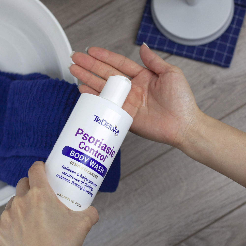 TriDerma psoriasis-body-cream-bottle provides extra moisture for smoother skin.