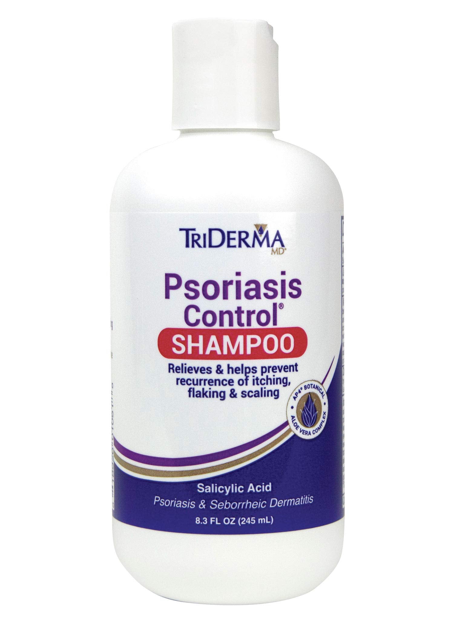TriDerma Psoriasis Control Scalp Exfoliator Shampoo bottle showing targeted relief and clean scalp.
