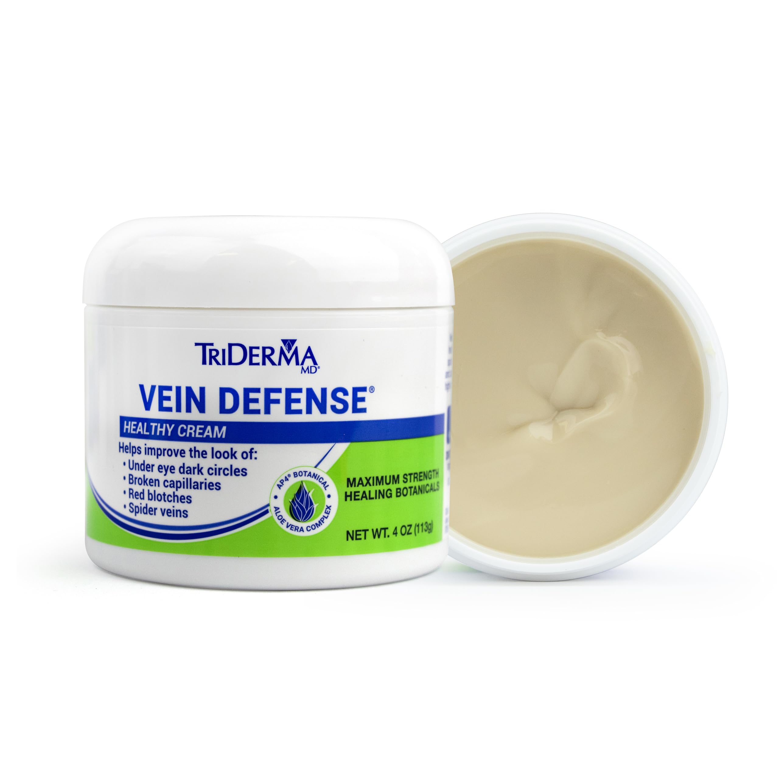 TriDerma Vein Defense application on face and body demonstrates versatile skincare use.