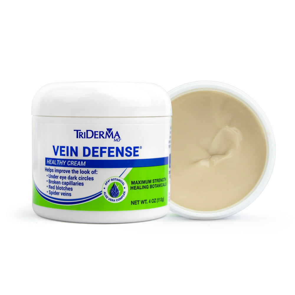 TriDerma Vein Defense application on face and body demonstrates versatile skincare use.