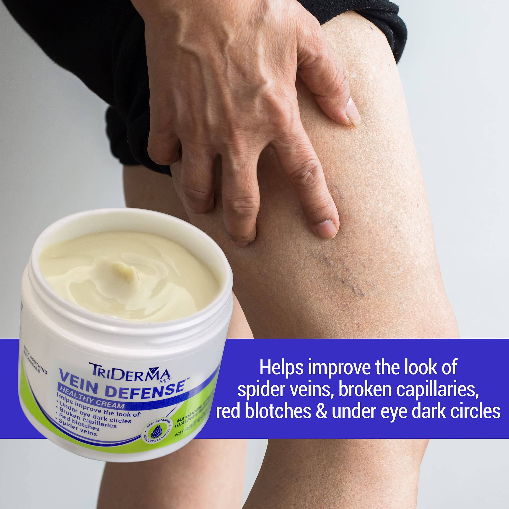 TriDerma Vein Defense Arnica extract label emphasizes soothing look support.