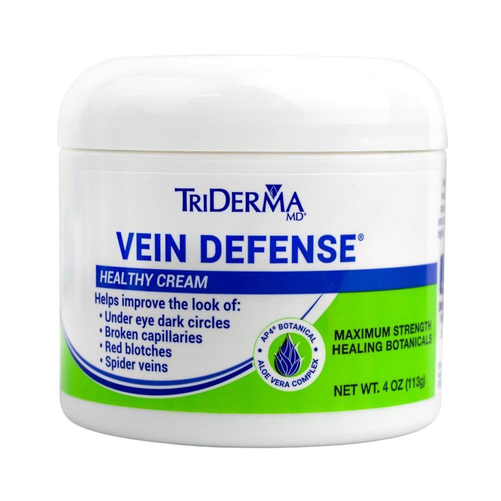 TriDerma Vein Defense cream bottle demonstrates a light, non-greasy texture ideal for sensitive skin.