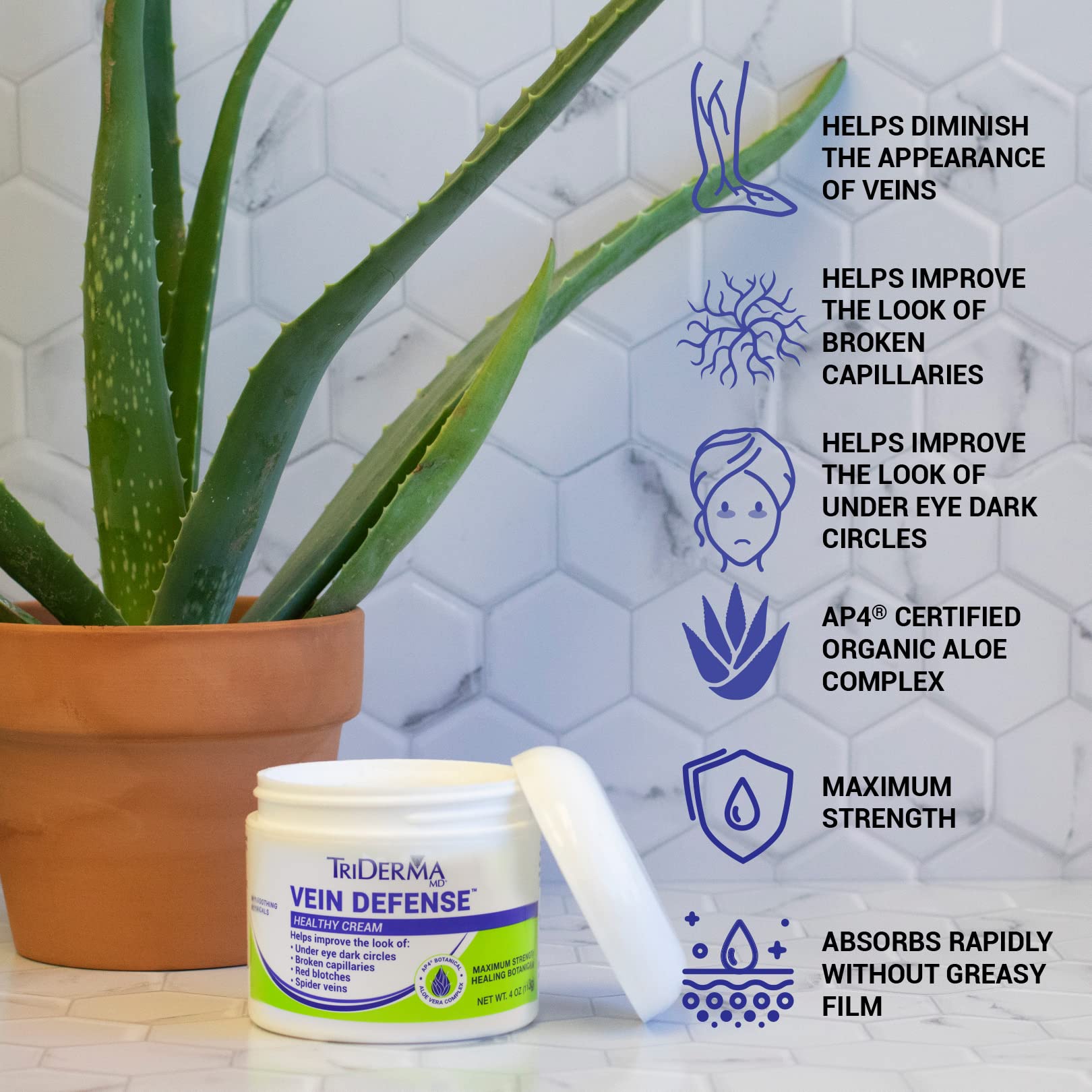 TriDerma Vein Defense MSM icon highlights skin-supportive properties.