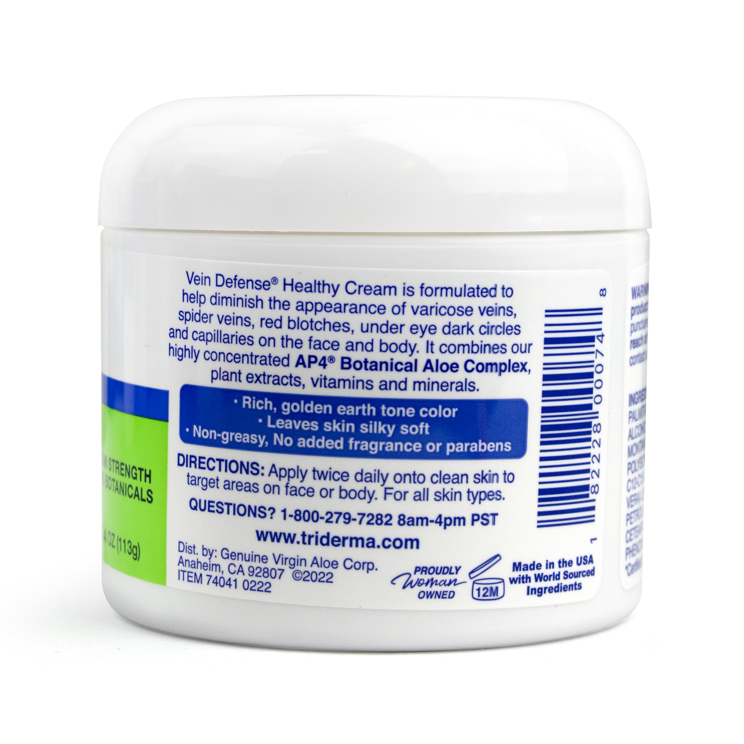 TriDerma Vein Defense Vitamin E panel signals antioxidant nourishment.