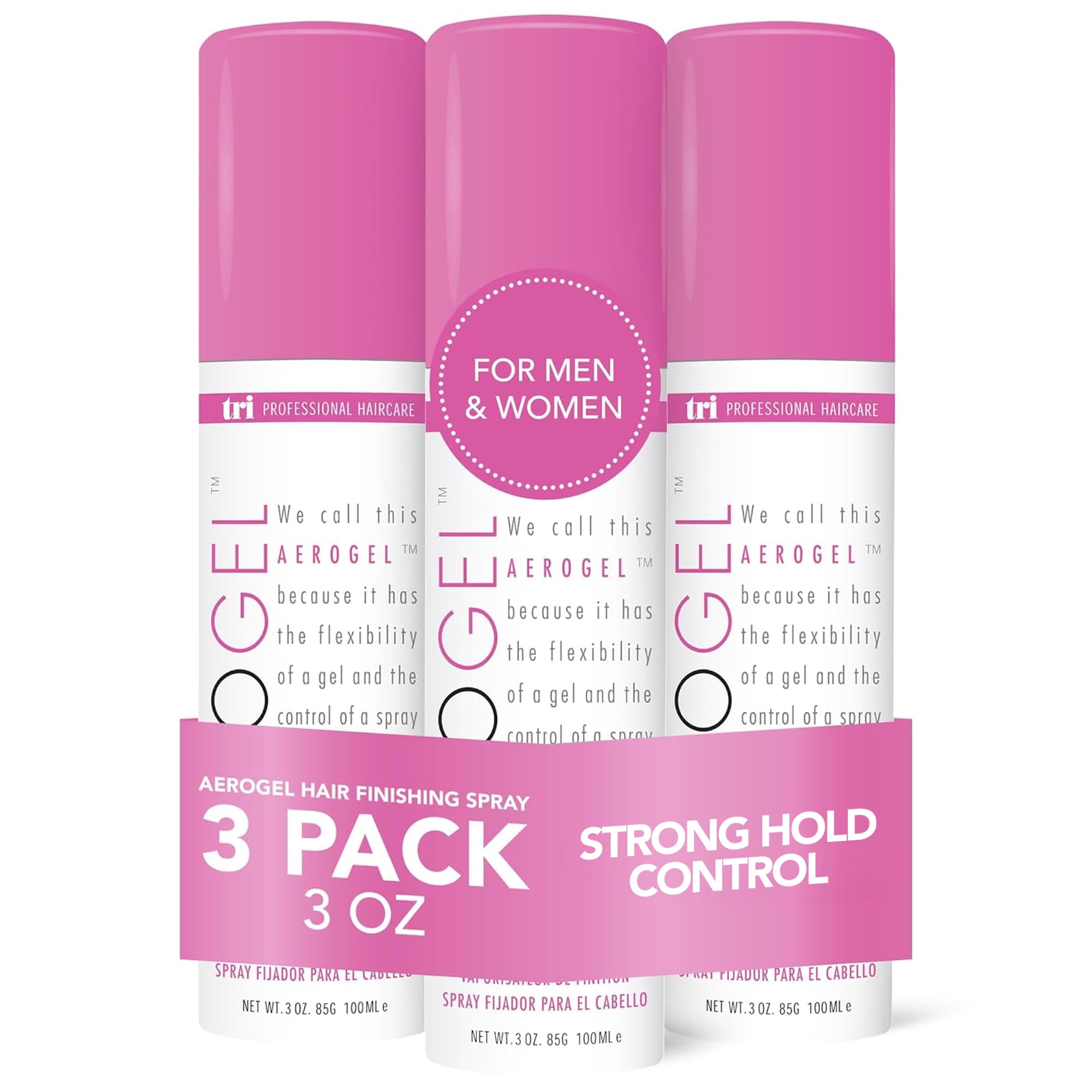 TRIDESIGN Aerogel bottle with spray hold for flexible styling and long-lasting lift.