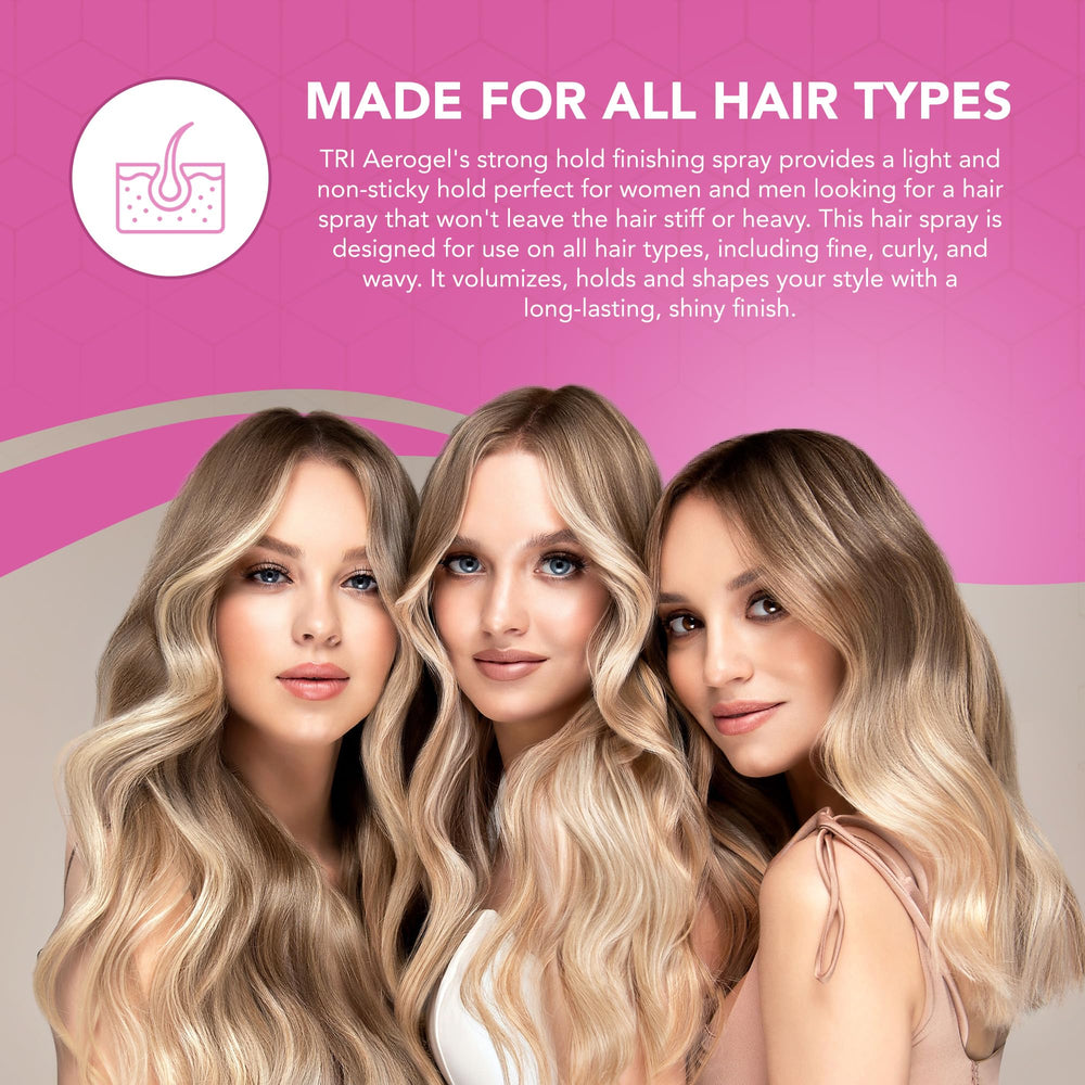 TRIDESIGN Aerogel hairspray suitable for all hair types with lightweight hold and volume.