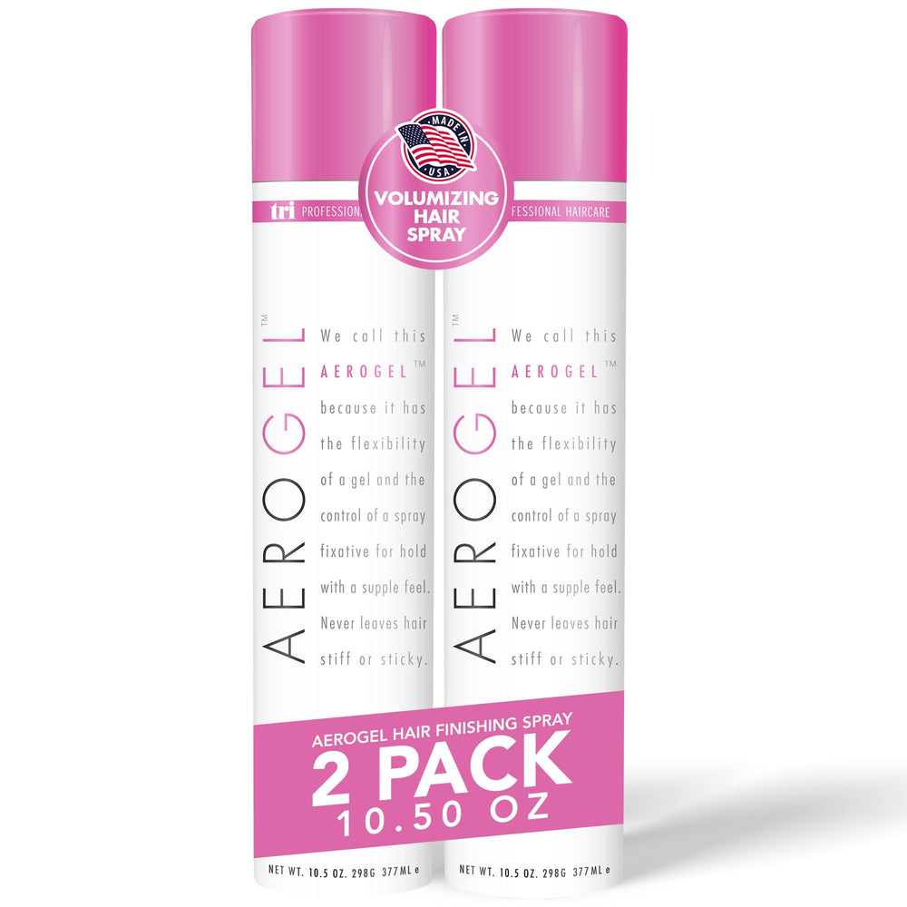 TRIDESIGN Aerogel hairspray bottle shows strong hold for all-day control.