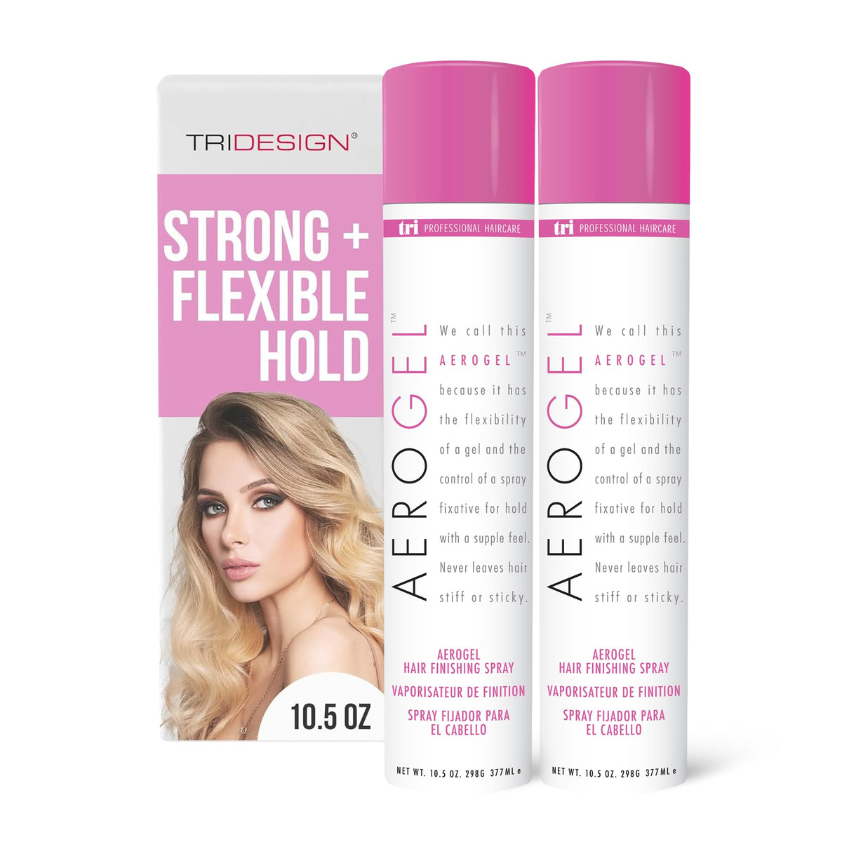 TRIDESIGN Aerogel hairspray bottle showing strong hold for voluminous finish