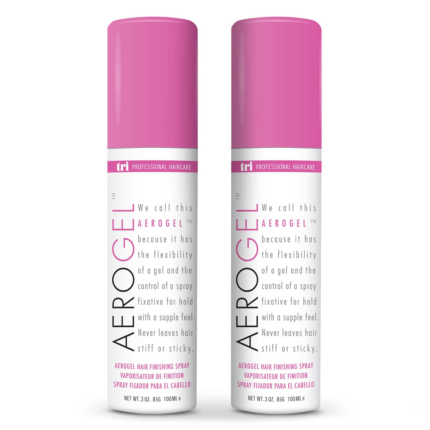 TRIDESIGN Aerogel hairspray bottle showing strong flexible hold for all hair types.