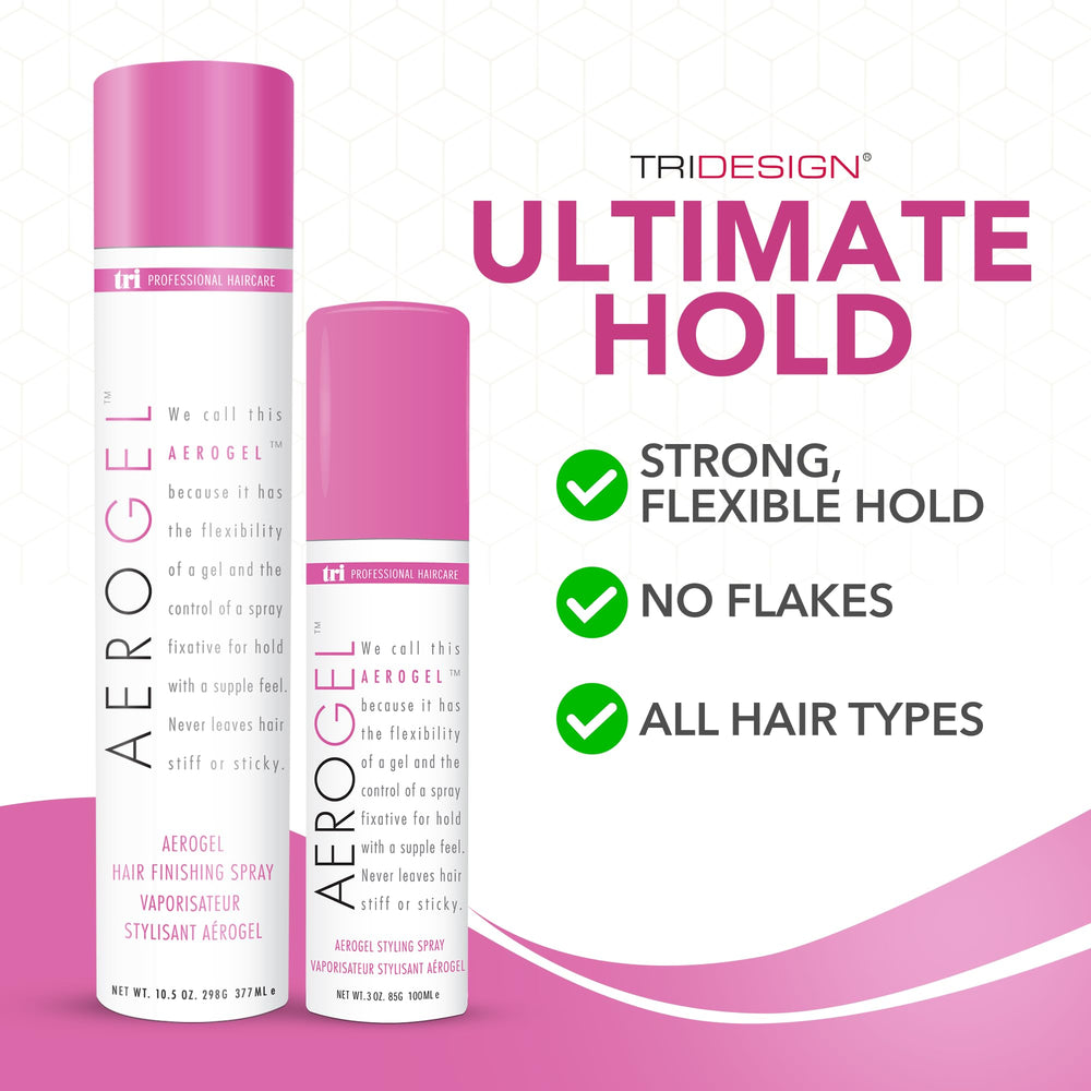 TRI Design Aerogel hairspray flexible-styling-mist enables sculpted looks with touchable finish