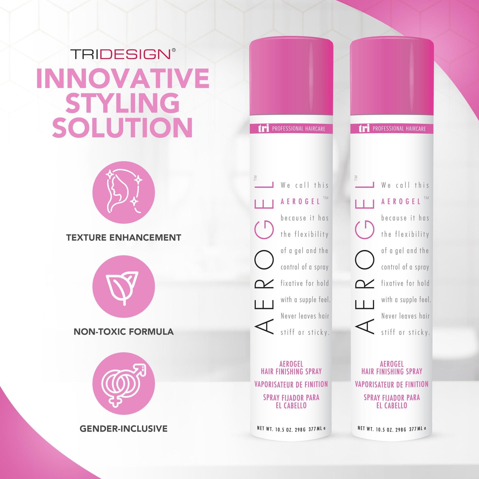 TRIDESIGN Aerogel hairspray mist provides light, flexible spray without stiffness.