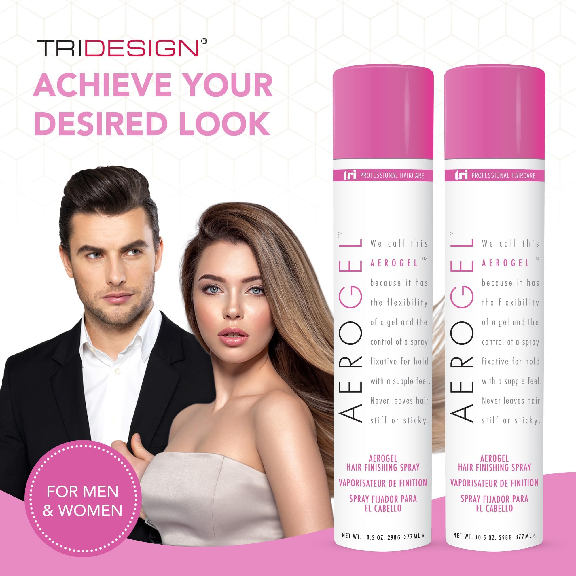 TRIDESIGN Aerogel hairspray pack shot showing two bottles