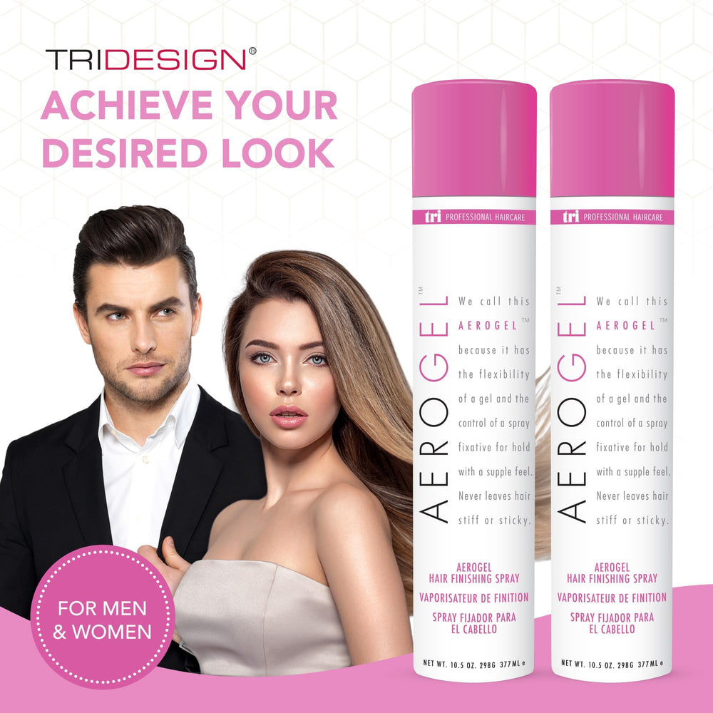 TRIDESIGN Aerogel hairspray pack shot showing two bottles