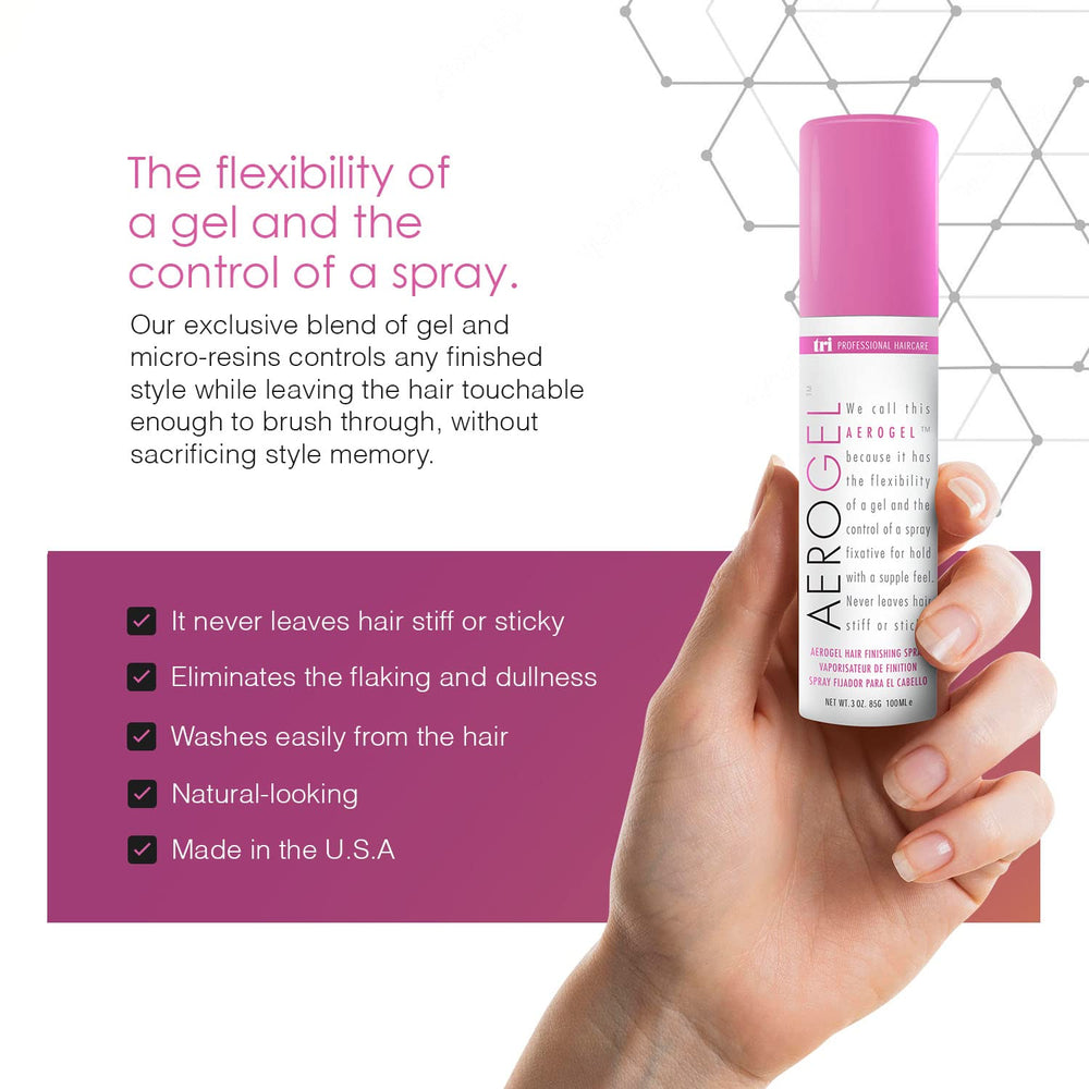 TRIDESIGN Aerogel hairspray delivers a shiny, fresh look all day.
