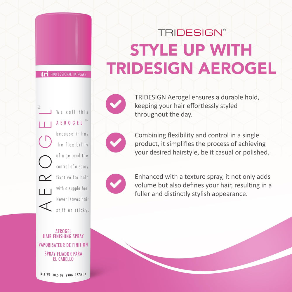 TRIDESIGN Aerogel hairspray bottle delivering shiny hair look with frizz control