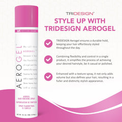 TRIDESIGN Aerogel hairspray bottle delivering shiny hair look with frizz control