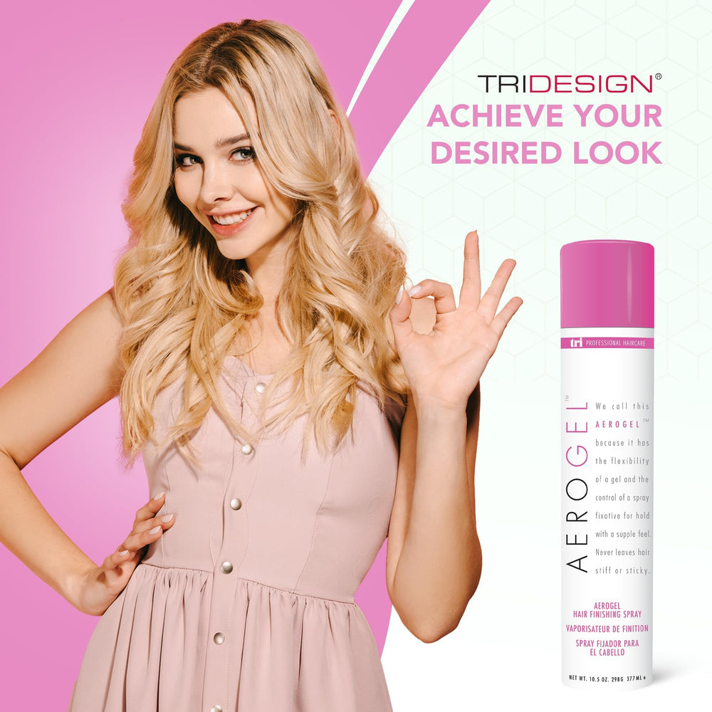 TRIDESIGN Aerogel hairspray final hold visible on styled hair