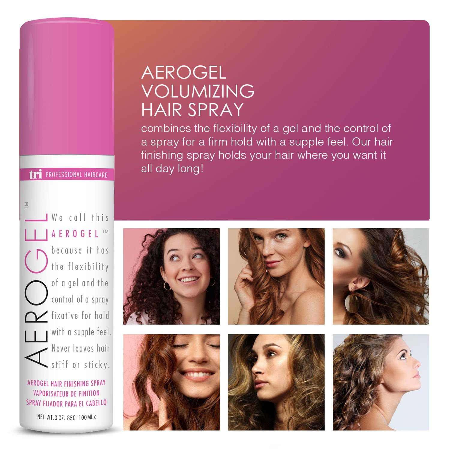 TRIDESIGN Aerogel travel-size hairspray pack ready for on-the-go use.