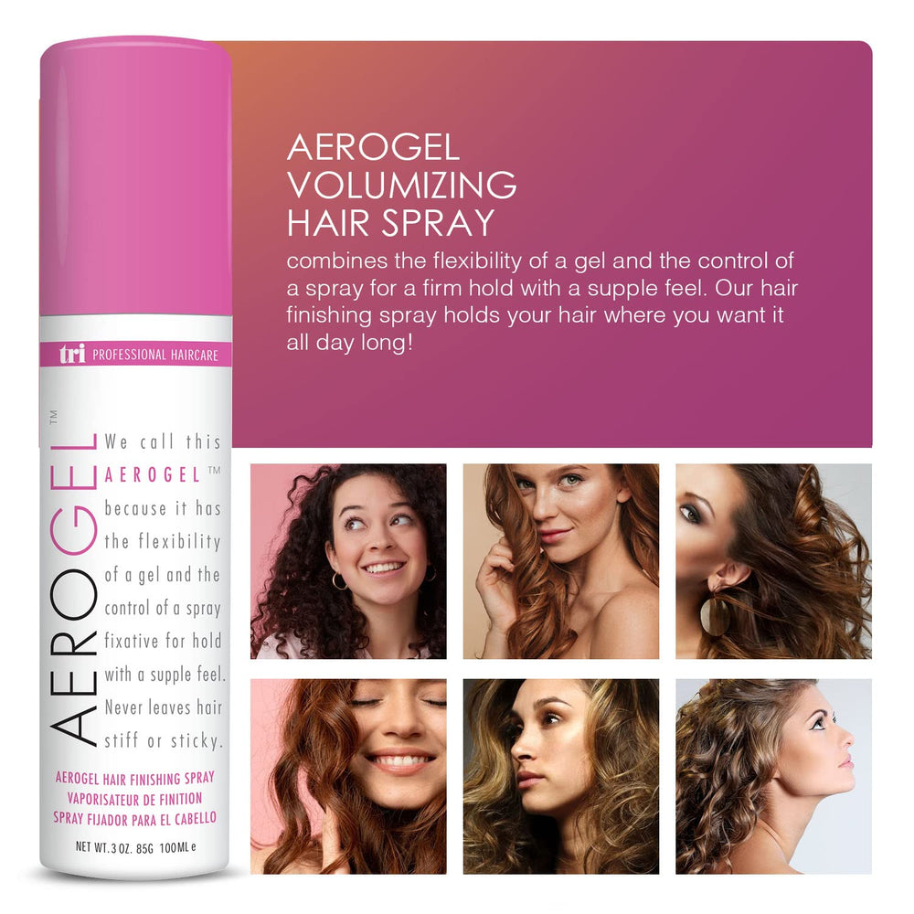 TRIDESIGN Aerogel travel-size hairspray pack ready for on-the-go use.