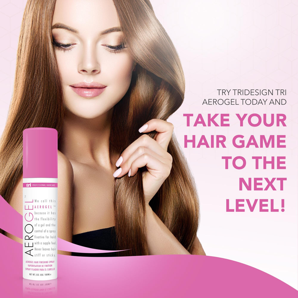 TRIDESIGN Aerogel mist-dispense demonstrates strong yet touchable hold for all hair types.