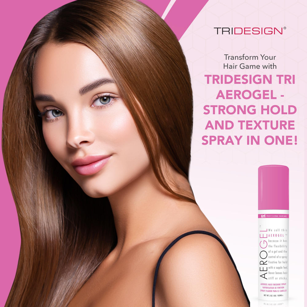 TRIDESIGN Aerogel flexible-hold hairspray keeps hair lift without stiffness and crunch.