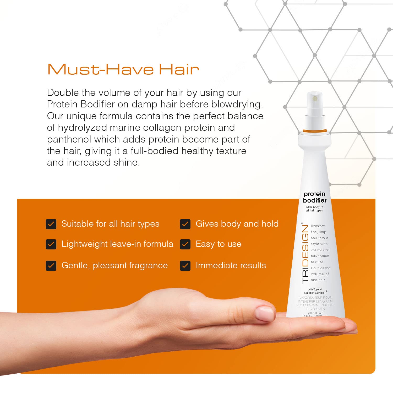 TRIDESIGN Protein Bodifier hair volume closeup highlights improved texture and body