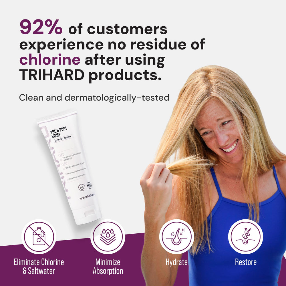TRIHARD pre-swim application scene protects hair before chlorine exposure.