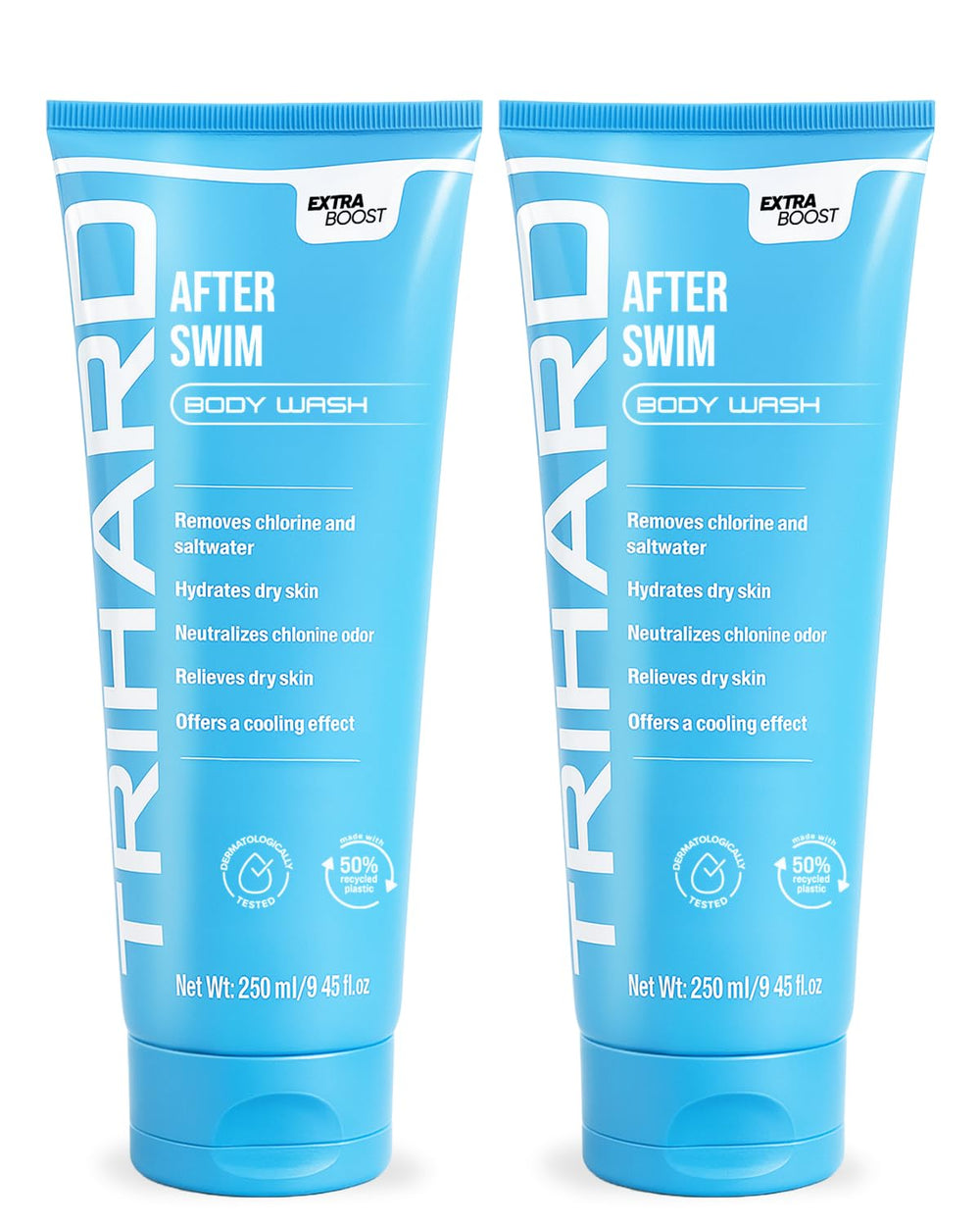 TRIHARD chlorine-removal body wash bottle cleanses after-swim skin and removes chlorine odor.