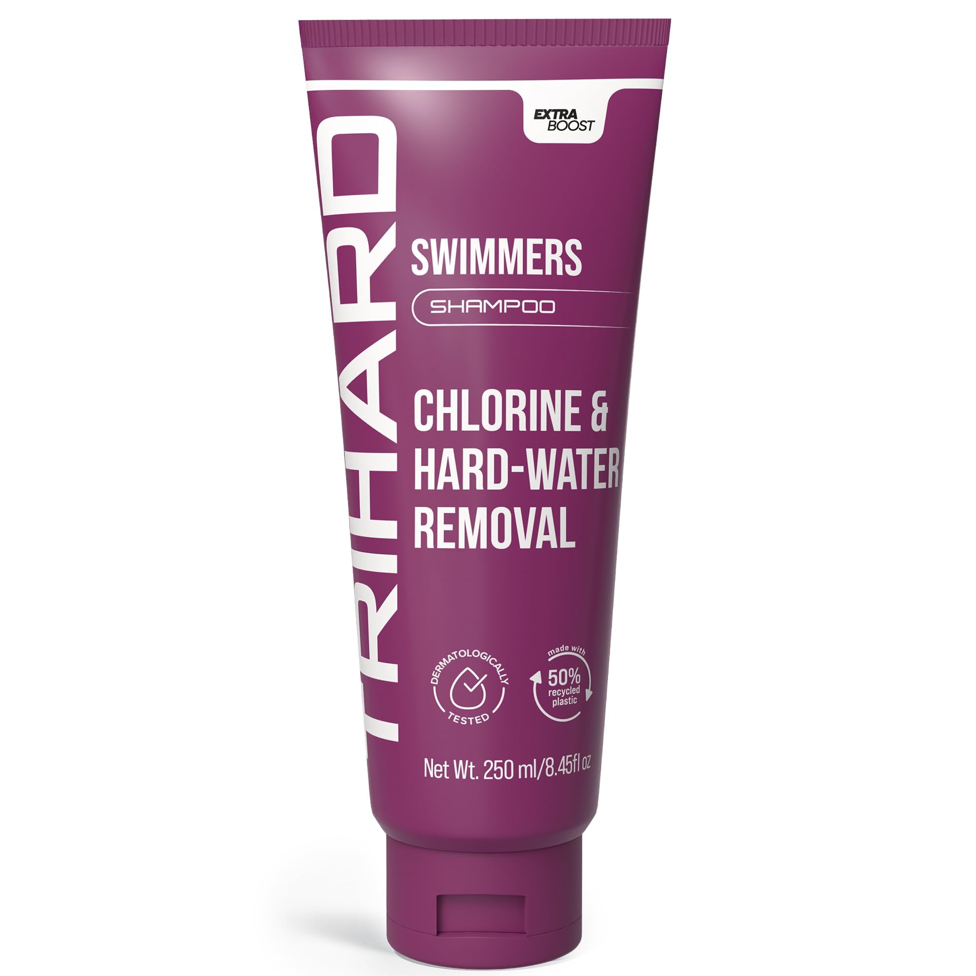 TRIHARD chlorine removal shampoo bottle showcases post-swim care and chlorine cleansing