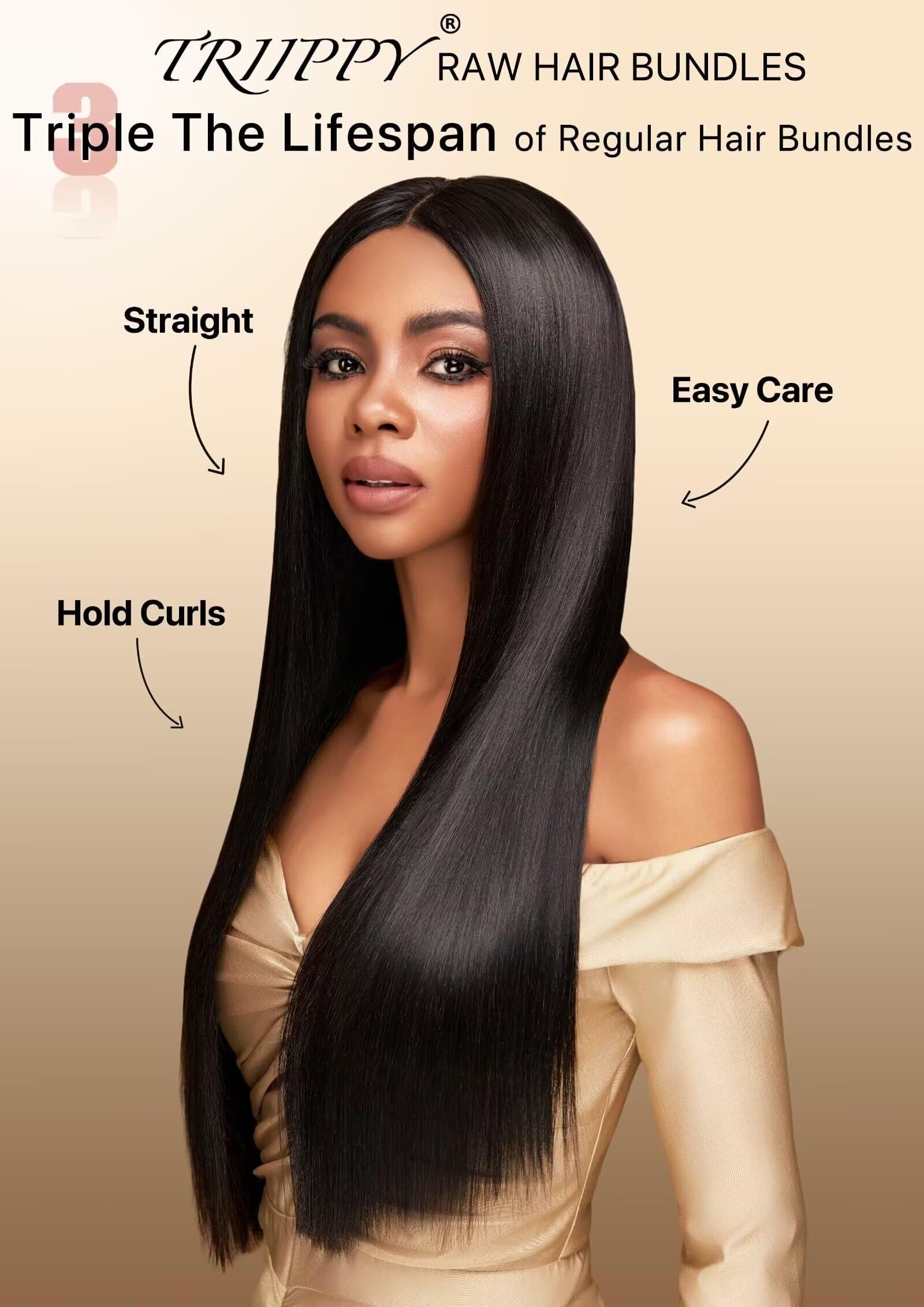 Triippy straight bundles packaging shot highlights triple-lifespan promise with durable, reusable hair.