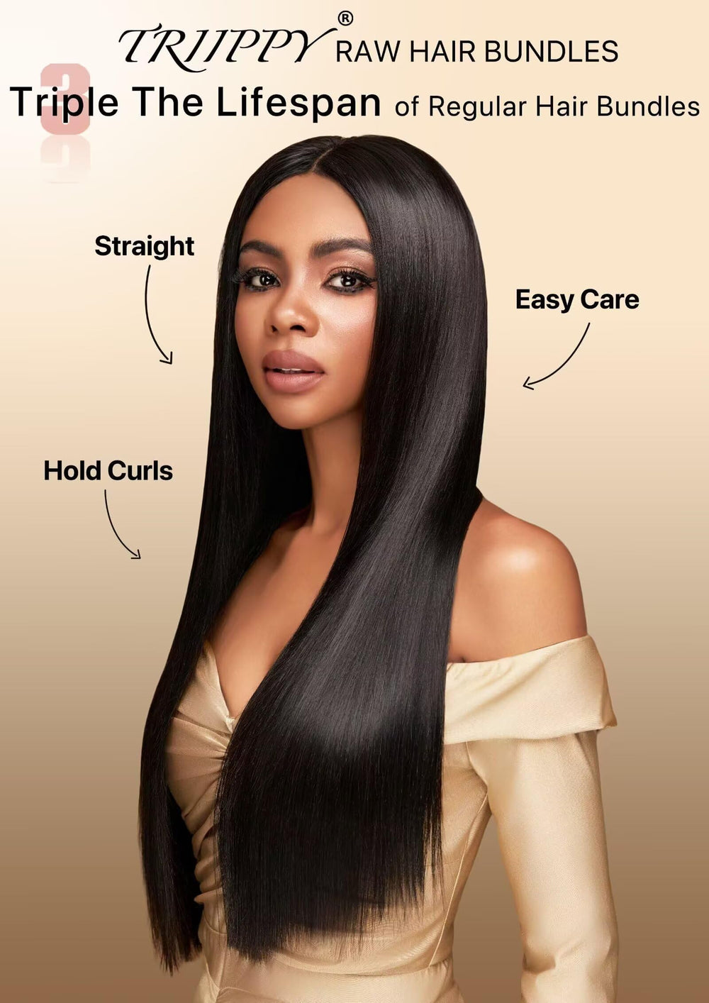 Triippy straight bundles packaging shot highlights triple-lifespan promise with durable, reusable hair.